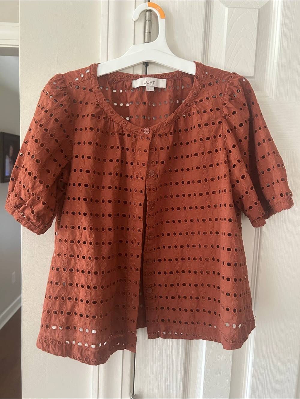 LOFT Rust Eyelet Short Sleeve Button-Up Blouse